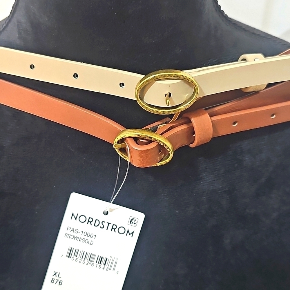 New Nordstrom Set Of 2 Hammered Buckle Faux Leather Belts Brown/Gold XLarge - Picture 6 of 12